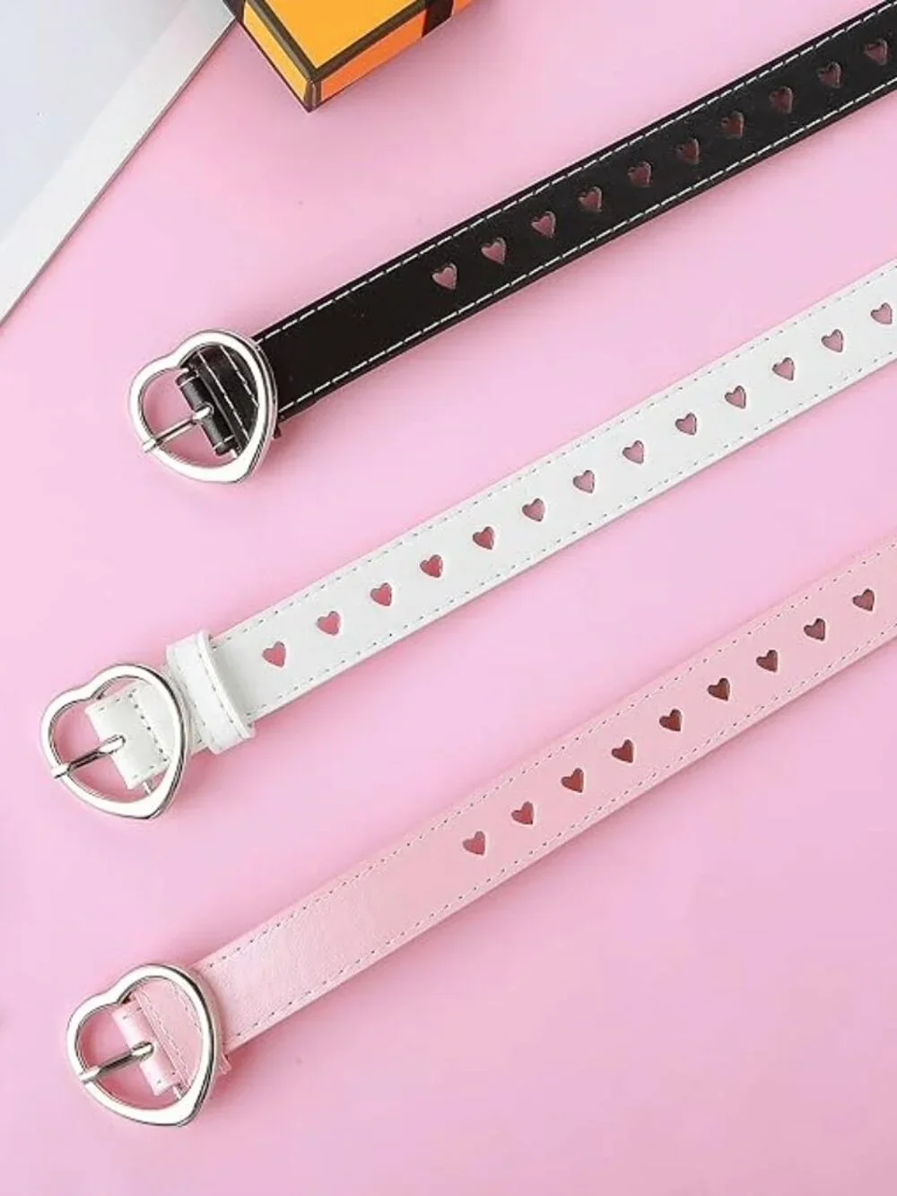 Girls Heart Buckle Belts 3-Pack Pink White Black Adjustable Faux Leather